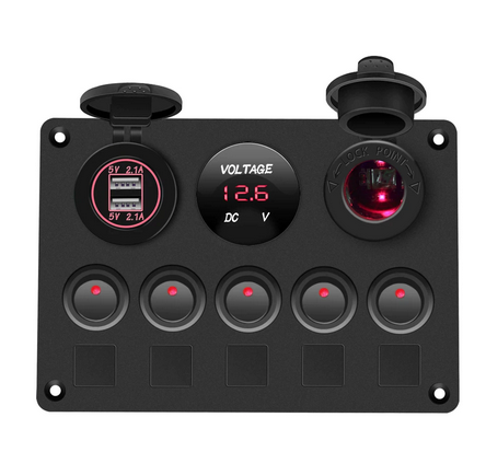 Boat Switch Panel Car Switch Panel  Digital Voltmeter Dual USB Port 12V Outlet  Rocker 5 Gang