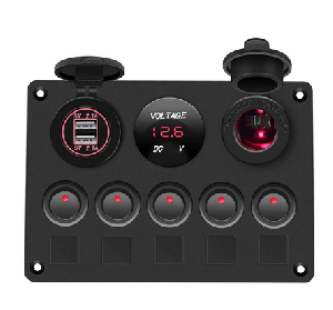 Boat Switch Panel Car Switch Panel  Digital Voltmeter Dual USB Port 12V Outlet  Rocker 5 Gang
